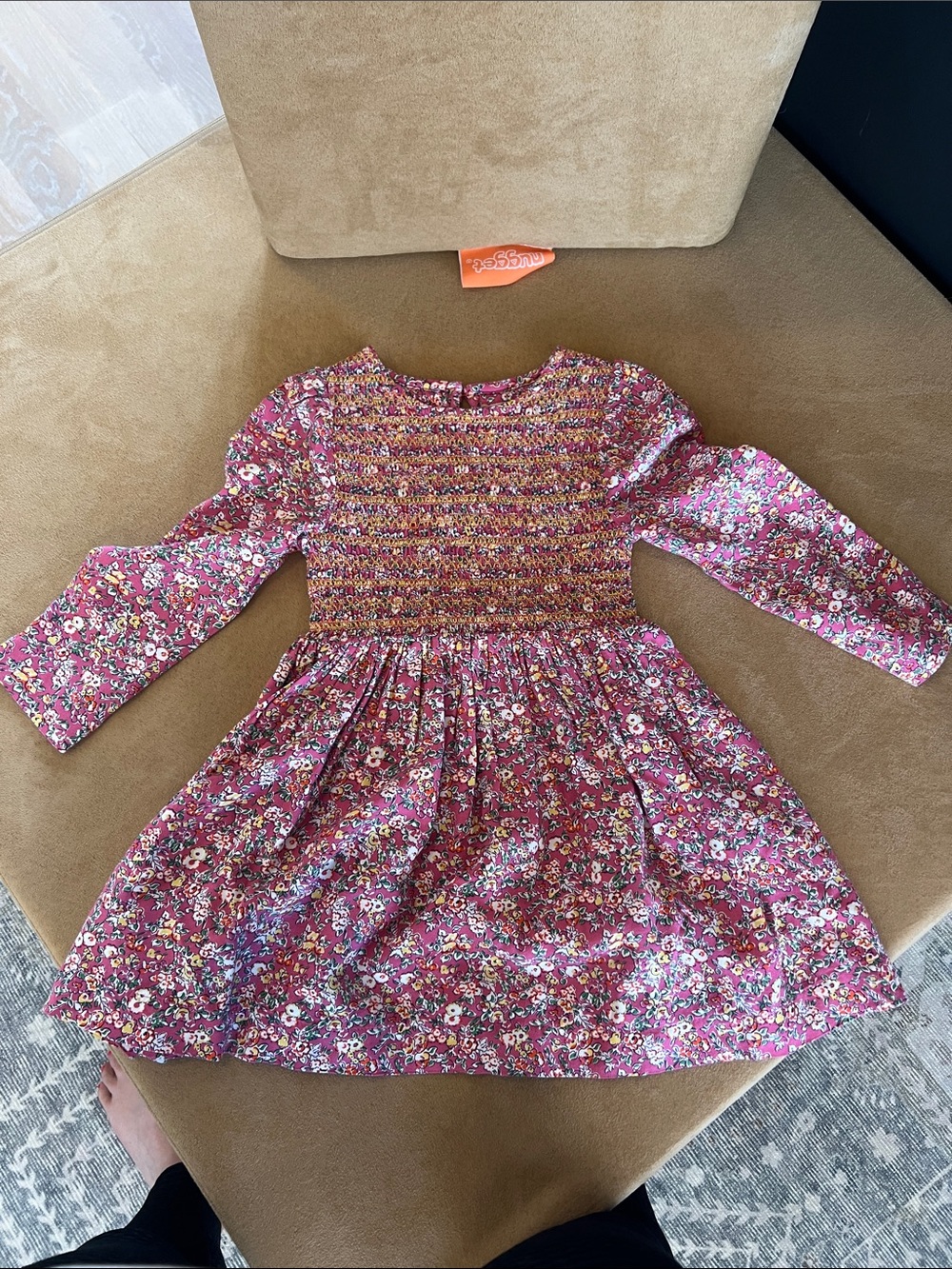 Boden Girls' Pink Floral Smocked Long-Sleeve Dress - 2T